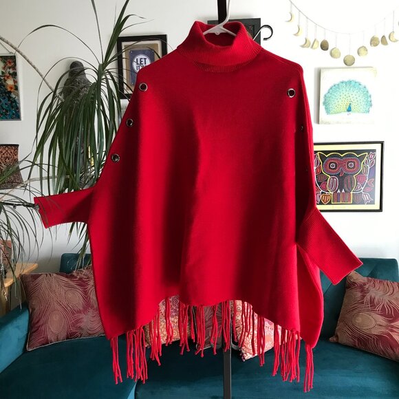CROSSTREE LANE Unstructured Red Fringe Poncho Turtleneck Sweater O/S - Picture 1 of 4